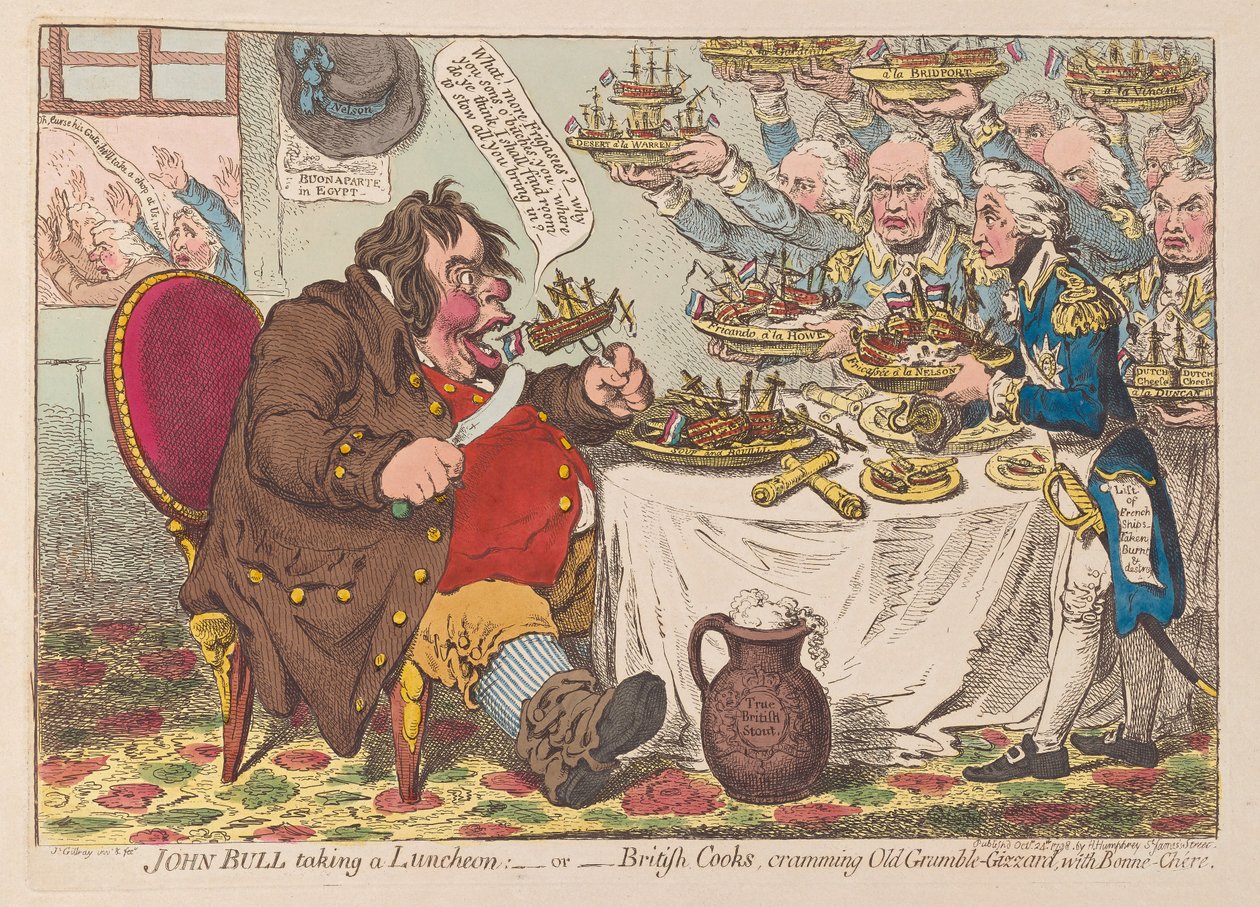 John Bull ebéddel vagy brit szakácsok, akik Old Grumble Gizzard-t zsúfoltak össze Bonne Chere-vel, 1798-as kocsma (kézzel színezett gravírozás) alkotó: James Gillray