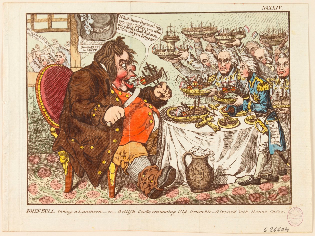 John Bull ebédel: avagy a brit szakácsok, akik „Öreg Morci” gyomrát „Bonne Chere”-vel tömik tele alkotó: James Gillray