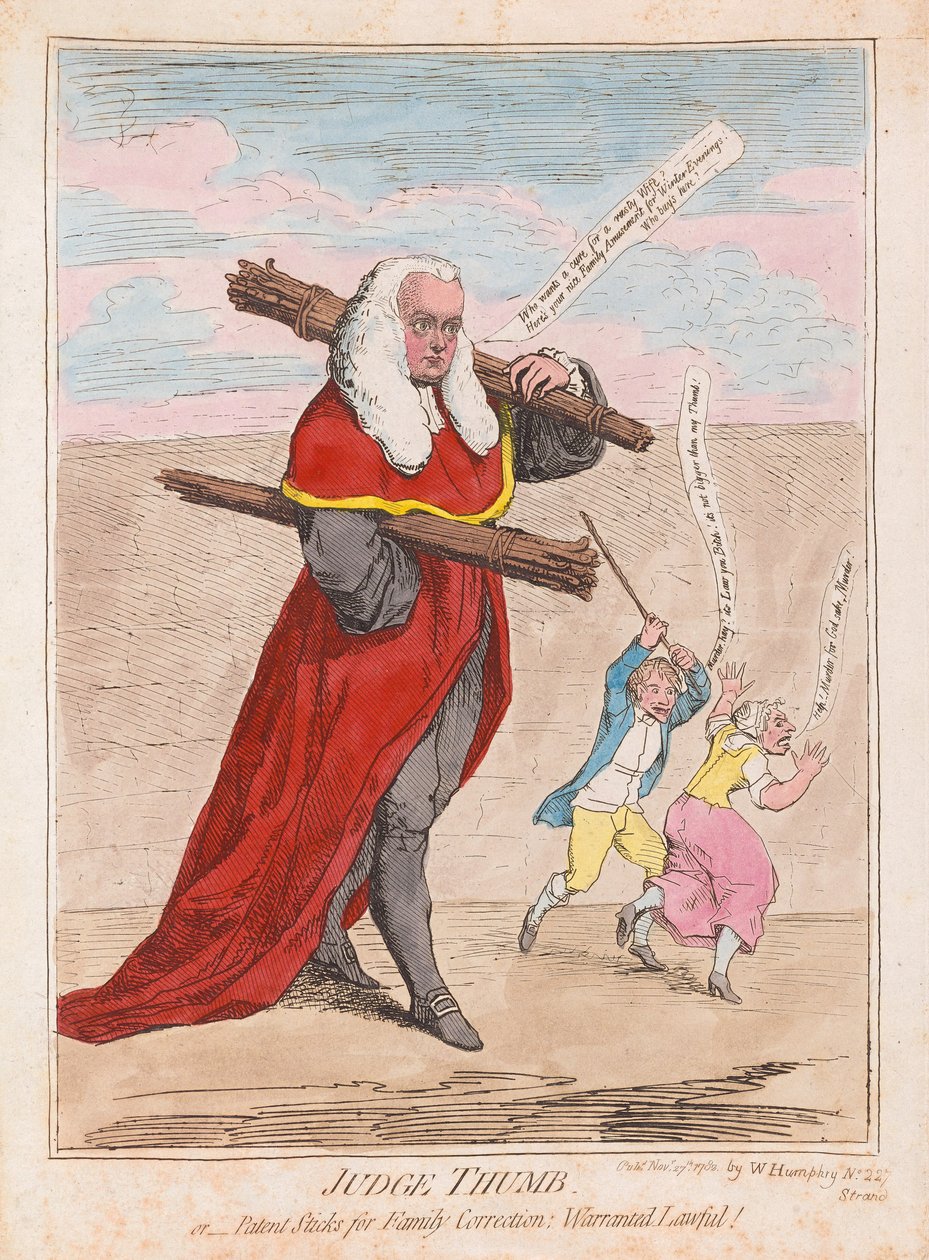 Judge Thumb, vagy Patent Sticks for Family Correction Warranted Lawful, pub. 1782 (kézzel színezett metszet) alkotó: James Gillray