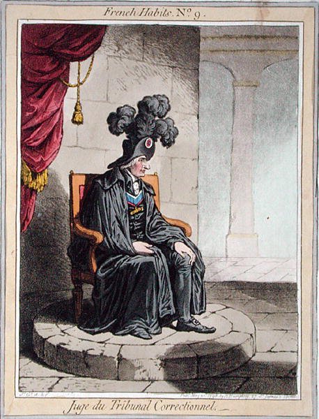 Juge du Tribunal Correctionnel, 9. tábla a Hannah Humphrey által 1798-ban kiadott "French Habits"-ból (színes metszet). alkotó: James Gillray