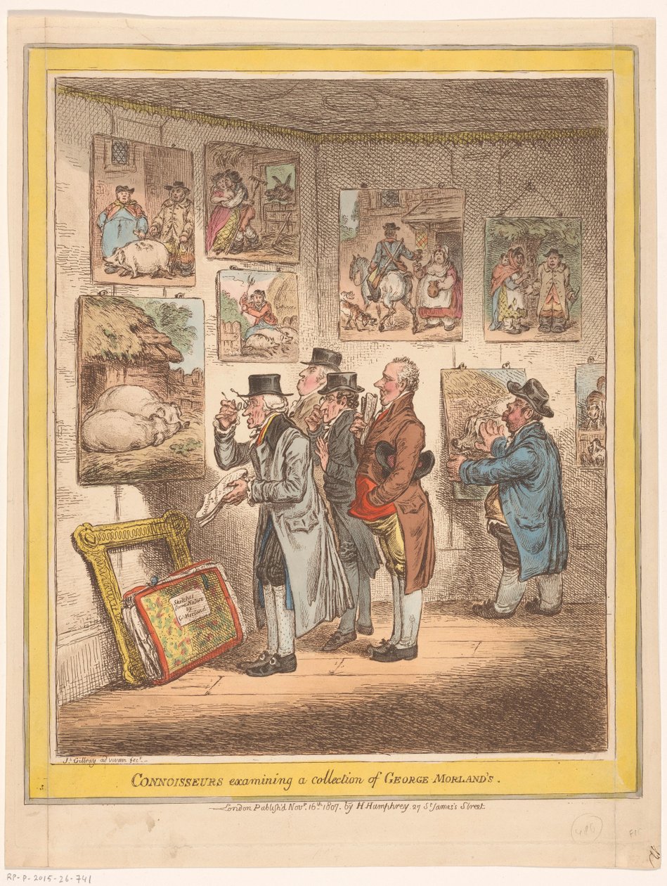 A műértők megtekintik George Morland festményeit Az ínyencek George Morland gyűjteményét vizsgálják (cím a tárgyon) alkotó: James Gillray