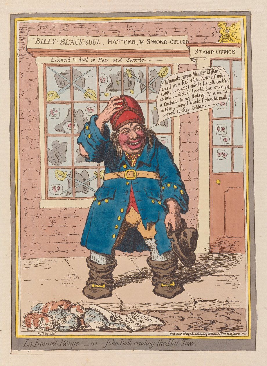 La Bonnet Rouge vagy John Bull kikerülve a kalapadót, kocsma. 1797 (kézzel színezett metszet) alkotó: James Gillray