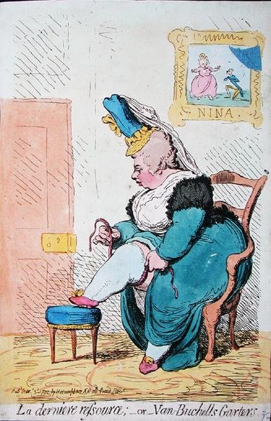 La Derniere Resource vagy Van Buchells Harisnyakötő, Hannah Humphrey adta ki 1791-ben (kézzel színezett rézkarc) alkotó: James Gillray