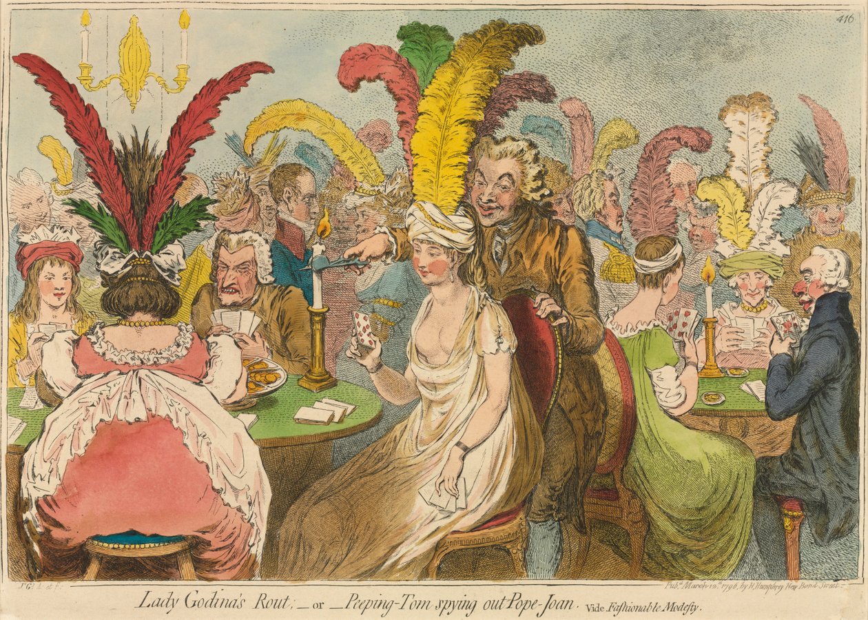 Lady Godina útja, vagy kukucskáló Tom kikémleli Pope-Joan-t, 1796. alkotó: James Gillray