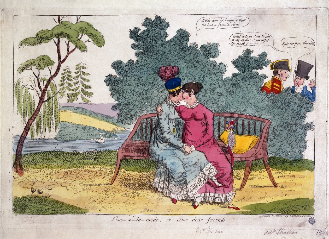Lady Strachan és Lady Warwick egy parkban szeretkeznek, miközben férjeik rosszallóan nézik őket. alkotó: James Gillray