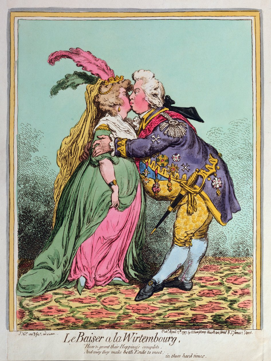 Le Baiser a la Wirtembourg, Hannah Humphrey adta ki 1797-ben (kézzel színezett rézkarc) alkotó: James Gillray