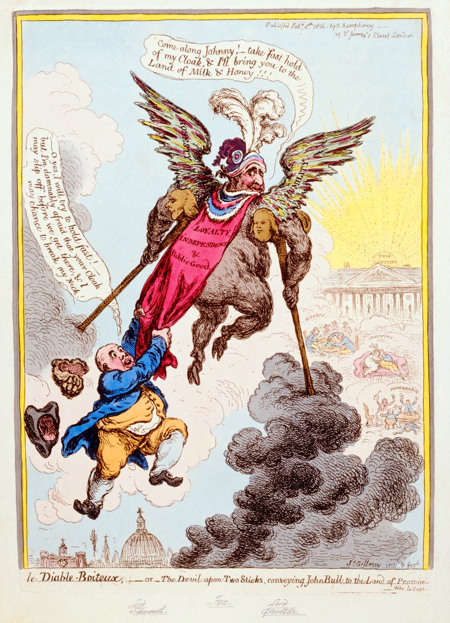 Le Diable-Boiteux, avagy Az ördög két pálcikán, amely John Bull-t az ígéret földjére viszi, Hannah Humphrey adta ki 1806-ban (kézzel színezett rézkarc) alkotó: James Gillray
