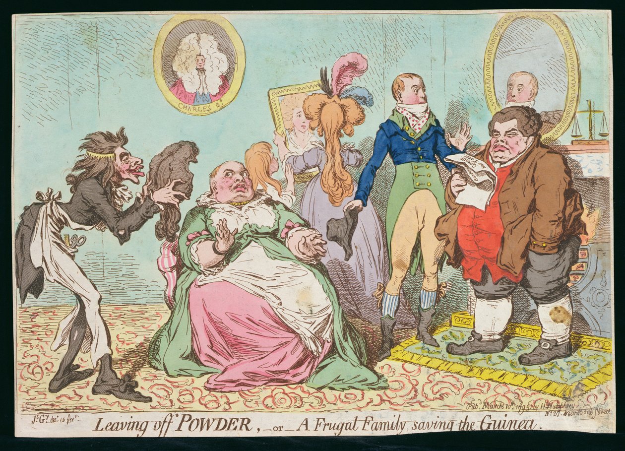 Hannah Humphrey 1795-ben, a Leaving off Powder, avagy Takarékos család megmentve Guineát (Kézi színű rézkarc) alkotó: James Gillray