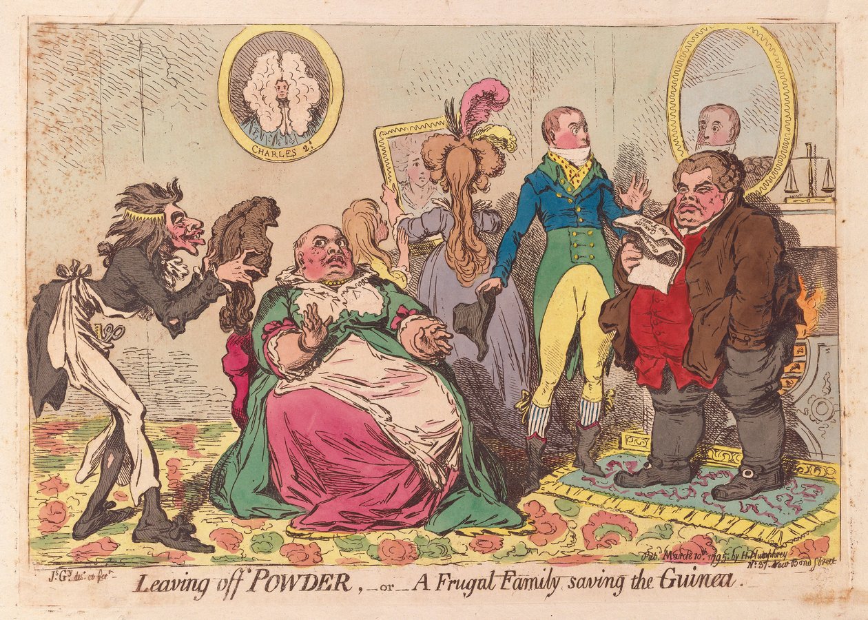 Leaving off Powder, or a Frugal Family Saving the Guinea, pub.1795 (kézzel színezett gravírozás) alkotó: James Gillray