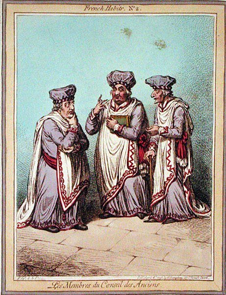 Les Membres du Conseil des Anciens, 2. lemez a „French Habits”-ből, Hannah Humphrey adta ki 1798-ban (színes rézkarc) alkotó: James Gillray