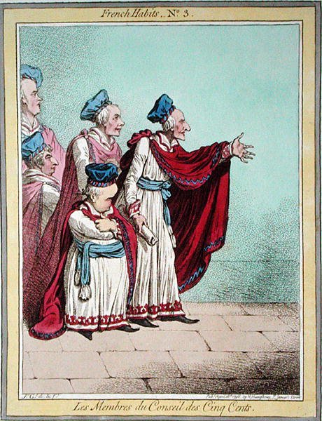 Les Membres du Conseil des Cinq Cents, a Hannah Humphrey által 1798-ban kiadott "French Habits" 3. táblája (színes metszet). alkotó: James Gillray