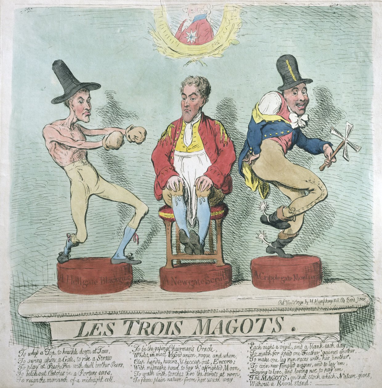 Les Trois Magots, Hannah Humphrey 1791-ben (kézzel színezett rézkarc) alkotó: James Gillray