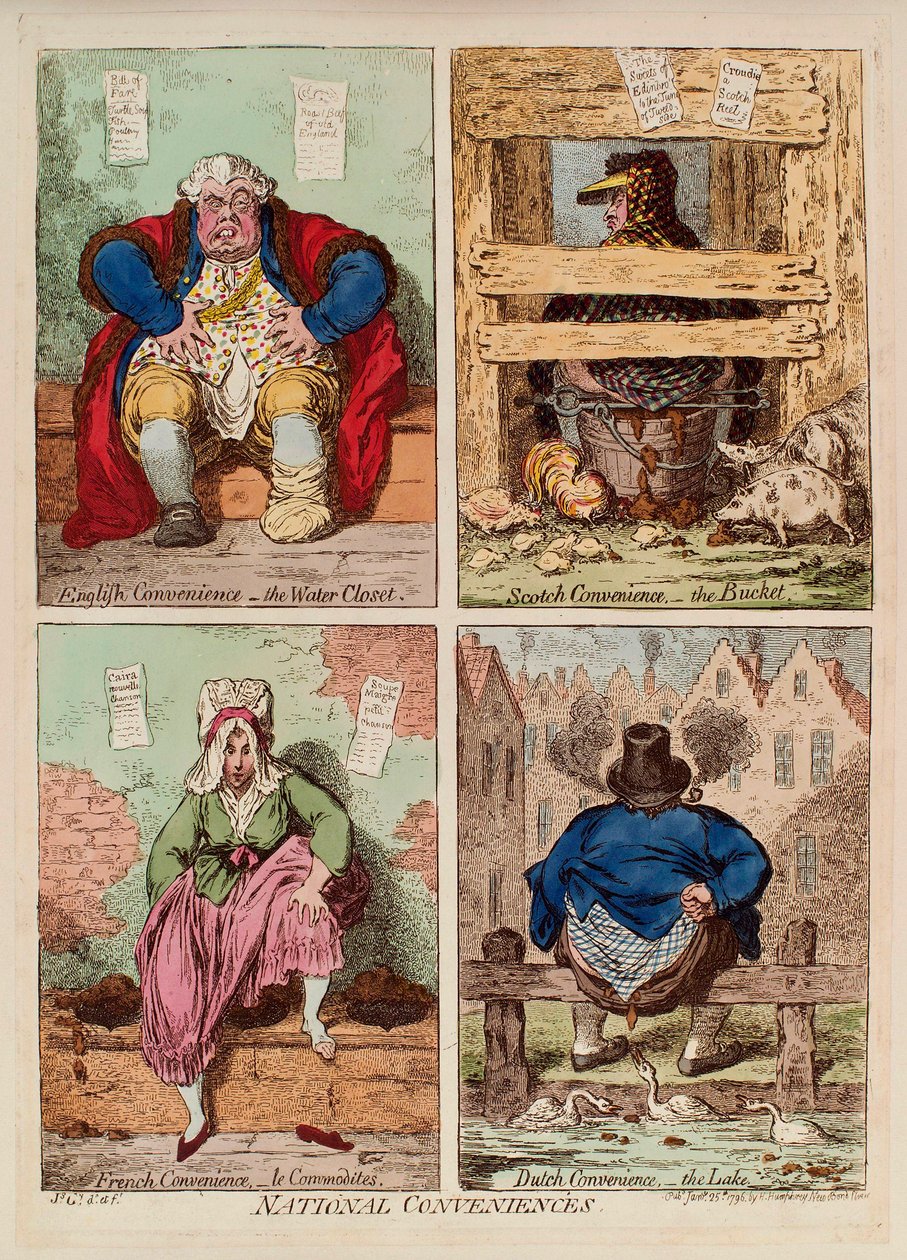 Nemzeti szolgáltatások. (Anglia, Skócia, Franciaország és Hollandia vécéinek leírása és összehasonlítása). James Gillray (1757-1815) munkája, metszet és akvarell alkotó: James Gillray