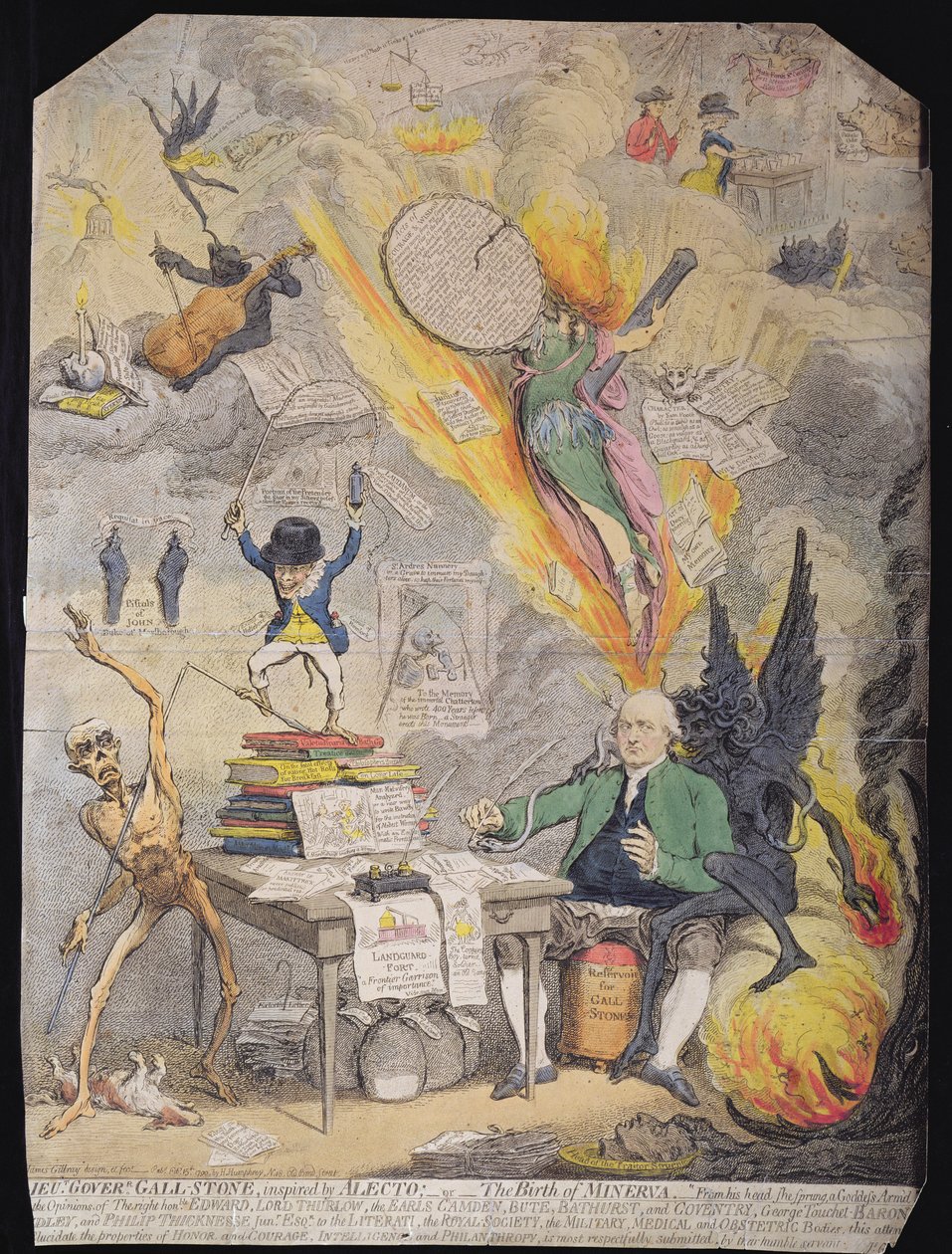 Goverr Gall-Stone hadnagy, ihletője Alecto, avagy Minerva születése, kiadta Hannah Humphrey 1790-ben (metszet akvatintával). alkotó: James Gillray