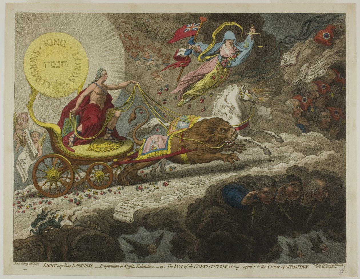 A fény kiűzi a sötétséget, - a sztügi kilégzések elpárolgása - vagy - az alkotmány Napja, felülemelkedik az ellenállás felhőinél alkotó: James Gillray