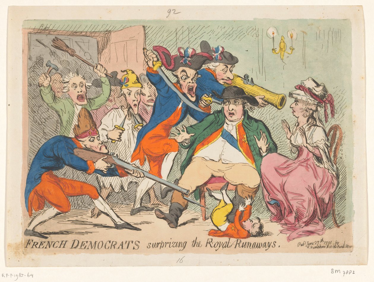 XVI. Lajos és Marie Antoinette repülés közben, 1791 A francia demokraták meglepték a királyi szökevényeket alkotó: James Gillray