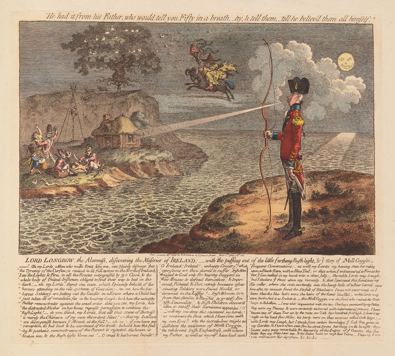 Lord Longbow, a riasztó, felfedezi Írország nyomorúságát, kocsma. 1798 (kézzel színezett metszet) alkotó: James Gillray