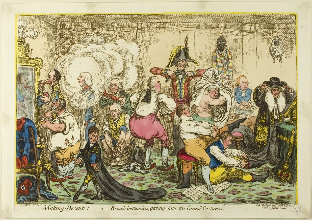 Tisztességesnek lenni; azaz a széles fenékűek bekerülni a nagy jelmezbe alkotó: James Gillray