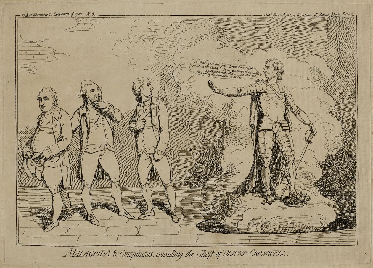 Malagrida és Conspirators, Consulting the Ghost of Oliver Cromwell, megjelent 1782. június 10-én (rézkarc fektetett papírra, szőtt papírra kirakva) alkotó: James Gillray