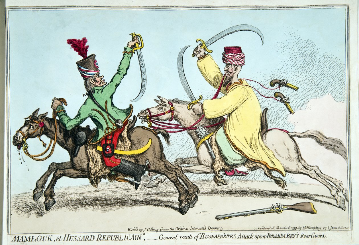 Mamlouk et Hussard Republicain, avagy Bonaparte Ibrahim Bey hátvédje elleni támadásának általános eredménye, Hannah Humphrey adta ki 1799-ben (kézzel színezett rézkarc) alkotó: James Gillray