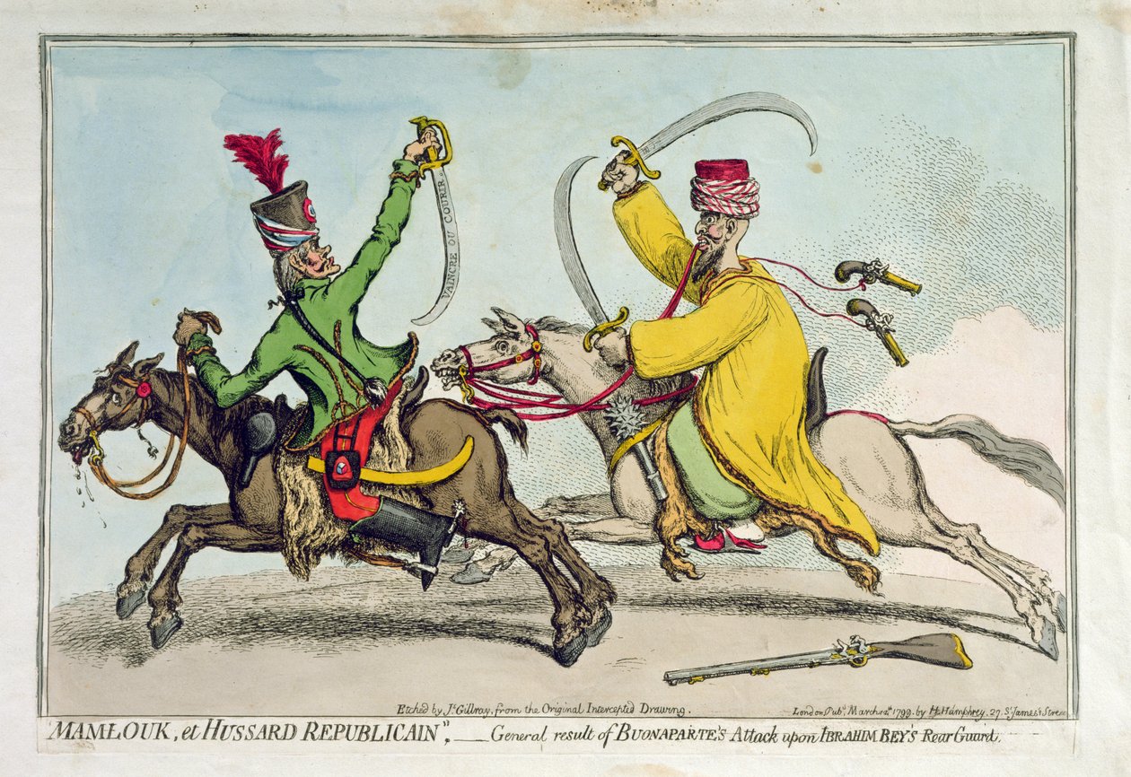 Mamlouk et Hussard Republicain, avagy Bonaparte Ibrahim Bey (1735-1817) hátvédje elleni támadásának általános eredménye, Hannah Humphrey adta ki 1799-ben (kézzel színezett rézkarc) alkotó: James Gillray