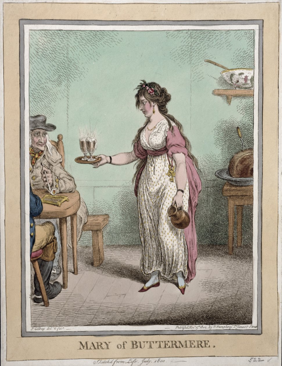 Mary of Buttermere, 1800 júliusában életnagyságban rajzolt, Hannah Humphrey 1802-ben adta ki (kézi színezett metszet). alkotó: James Gillray