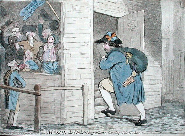Mason, a herceg cukrásza, aki a csecsebecséket dobja el, Hannah Humphrey adta ki 1788-ban (kézzel színezett rézkarc) alkotó: James Gillray