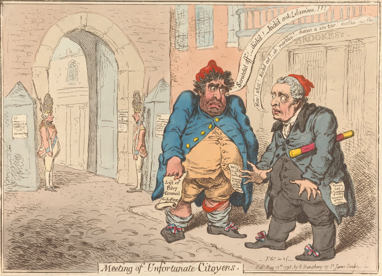 Szerencsétlen polgárok találkozója. „Két kegyvesztett hazafi megdöbbenése” alkotó: James Gillray
