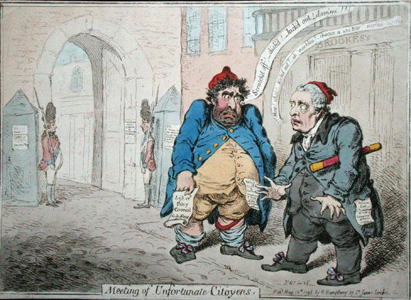 Szerencsétlen citoyenek találkozója, Hannah Humphrey 1798-ban (kézzel színezett rézkarc) alkotó: James Gillray