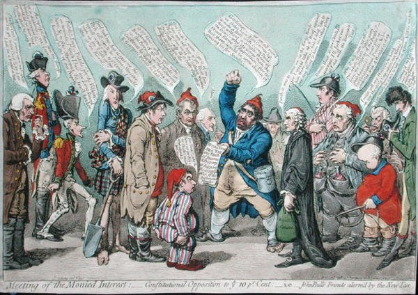 Meeting of the Monied Interest: Alkotmányos ellenállás a 10 százalék ellen, vagy John Bull barátai riasztották az új adót, Hannah Humphrey adta ki 1798-ban (kézzel színezett rézkarc) alkotó: James Gillray