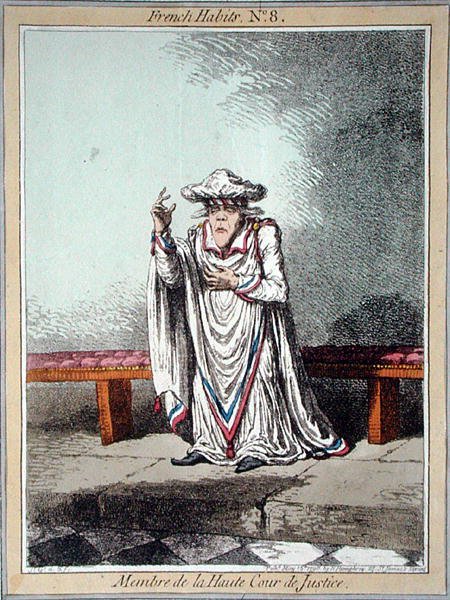 A Legfelsőbb Bíróság tagja, Hannah Humphrey által 1798-ban kiadott „French Habits” 8. lemeze (színes rézkarc) alkotó: James Gillray