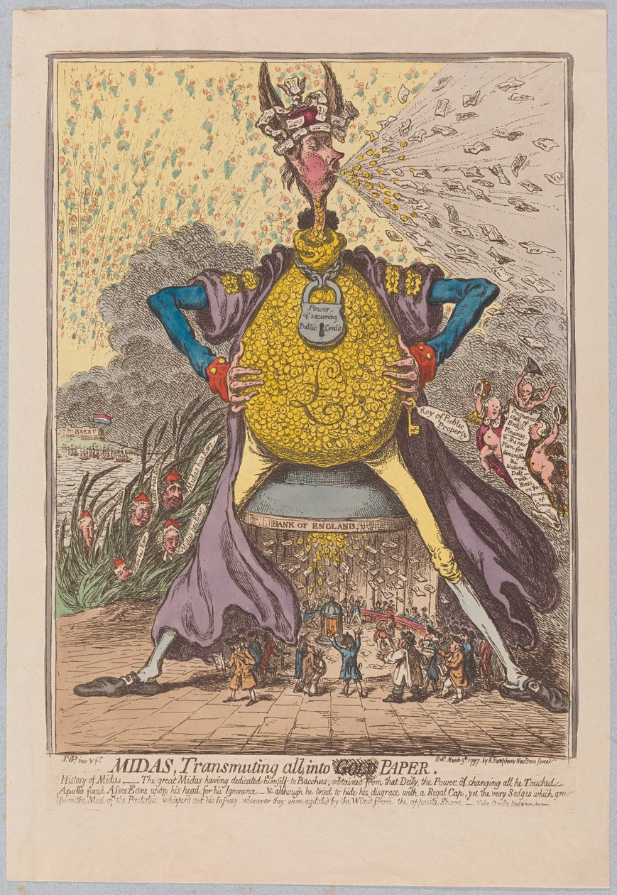 Midas, mindent [aranymá] változtat. Papír, kocsma. 1797 (kézzel színezett metszet) alkotó: James Gillray