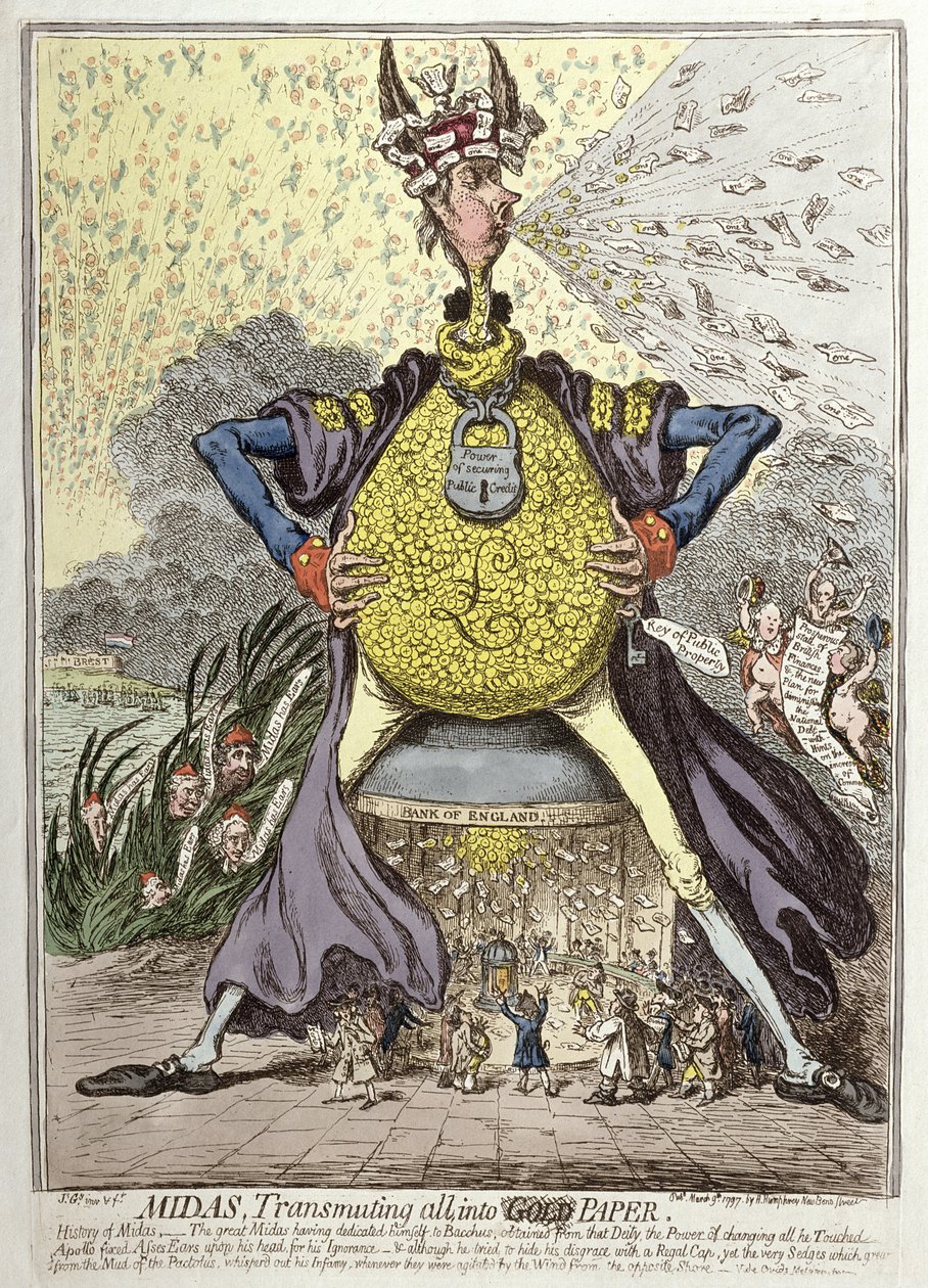 Midas Transmuting All into Gold Paper, Hannah Humphrey adta ki 1797-ben (kézzel színezett rézkarc) alkotó: James Gillray
