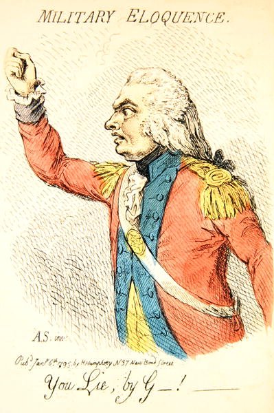 Katonai ékesszólás, az ékesszólás különböző típusait ábrázoló nyolc matrica egyike, Hannah Humphrey 1795-ben (kézzel színezett metszet) (191281-es részlet) alkotó: James Gillray