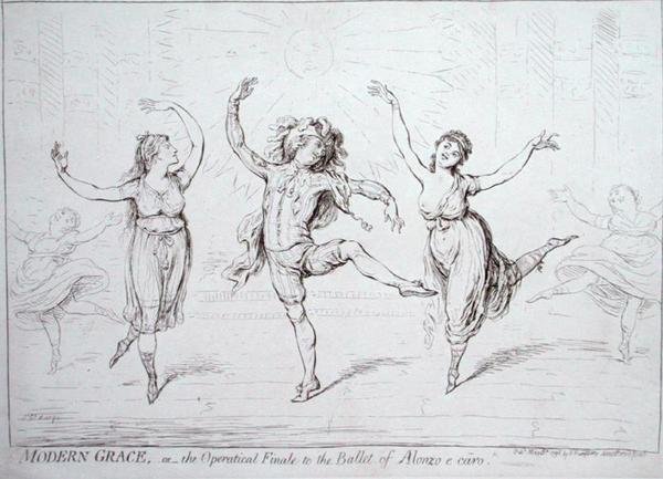 Hannah Humphrey 1796-ban kiadott Modern Grace, avagy az Alonzo e caro balett operaházi fináléja (toll és tinta papíron) alkotó: James Gillray