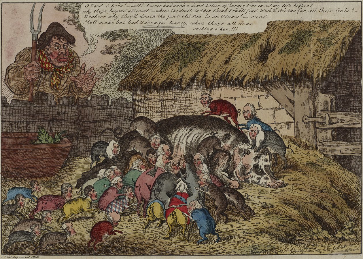 Több disznó, mint bimbó, vagy – az éhes morgók új alomja, akik halálra szívják John Bull öreg kocáját, május 9. alkotó: James Gillray