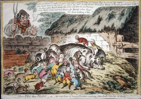 Több disznó, mint bimbó, Hannah Humphrey adta ki 1806-ban (kézzel színezett rézkarc) alkotó: James Gillray