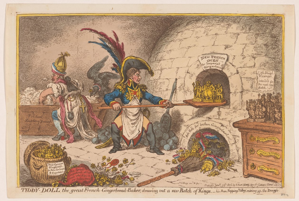 Napóleon új adag királyokat süt, 1806 Tiddy-Doll, a nagy francia-mézeskalács-sütő; új Batch of King kihúzása (cím az objektumon) alkotó: James Gillray