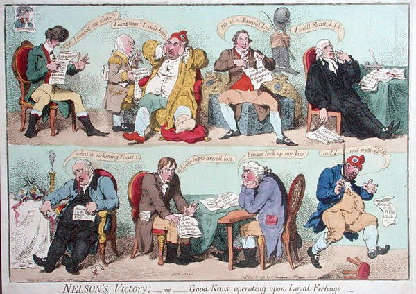 Hannah Humphrey 1798-ban kiadott Nelson győzelme, avagy a hűséges érzelmeken alapuló jó hír (kézzel színezett rézkarc) alkotó: James Gillray