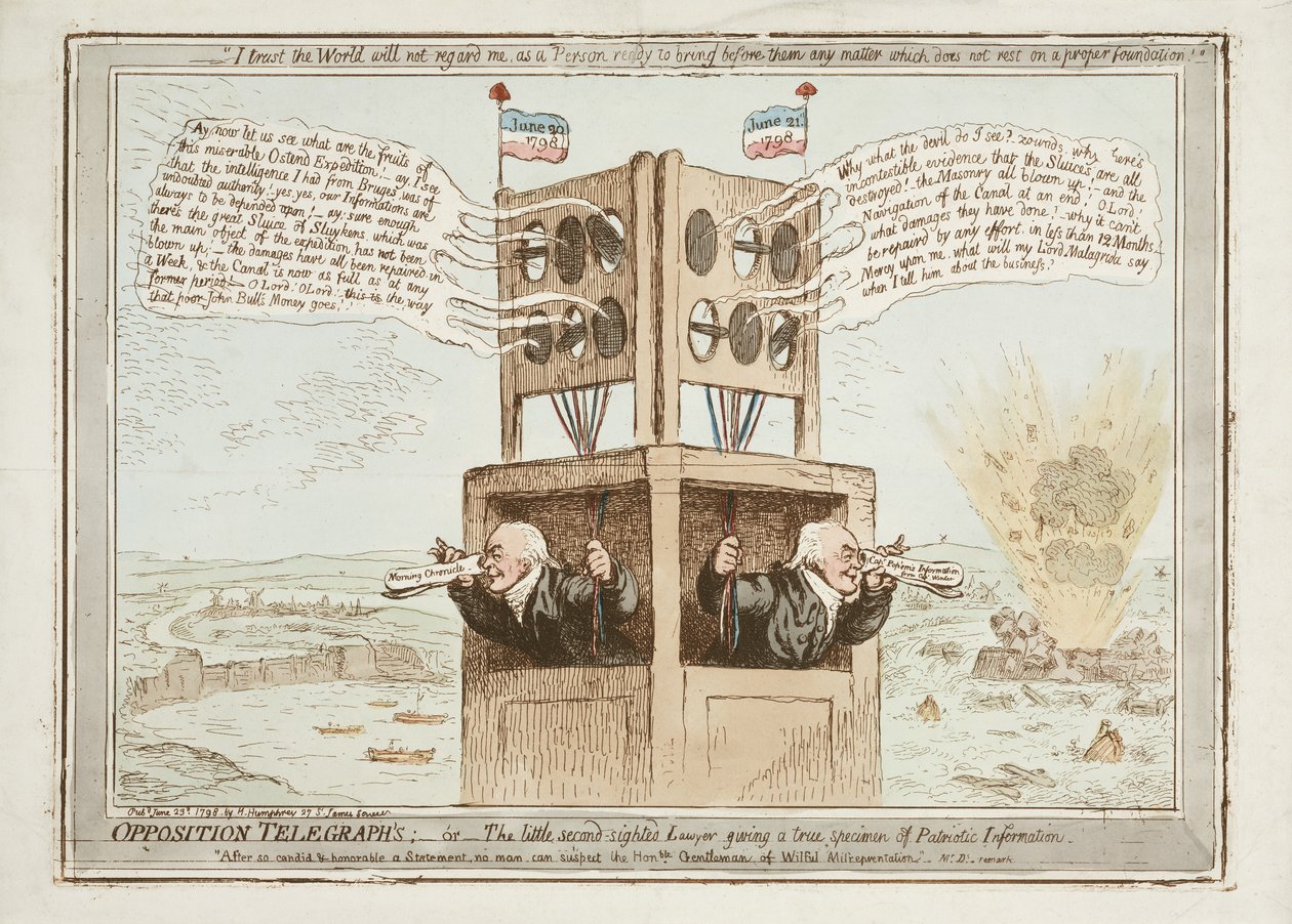 Ellenzéki táviratok, avagy A kis másodlátó ügyvéd, aki a hazafias információ valódi mintáját adja, 1798. június 21. alkotó: James Gillray