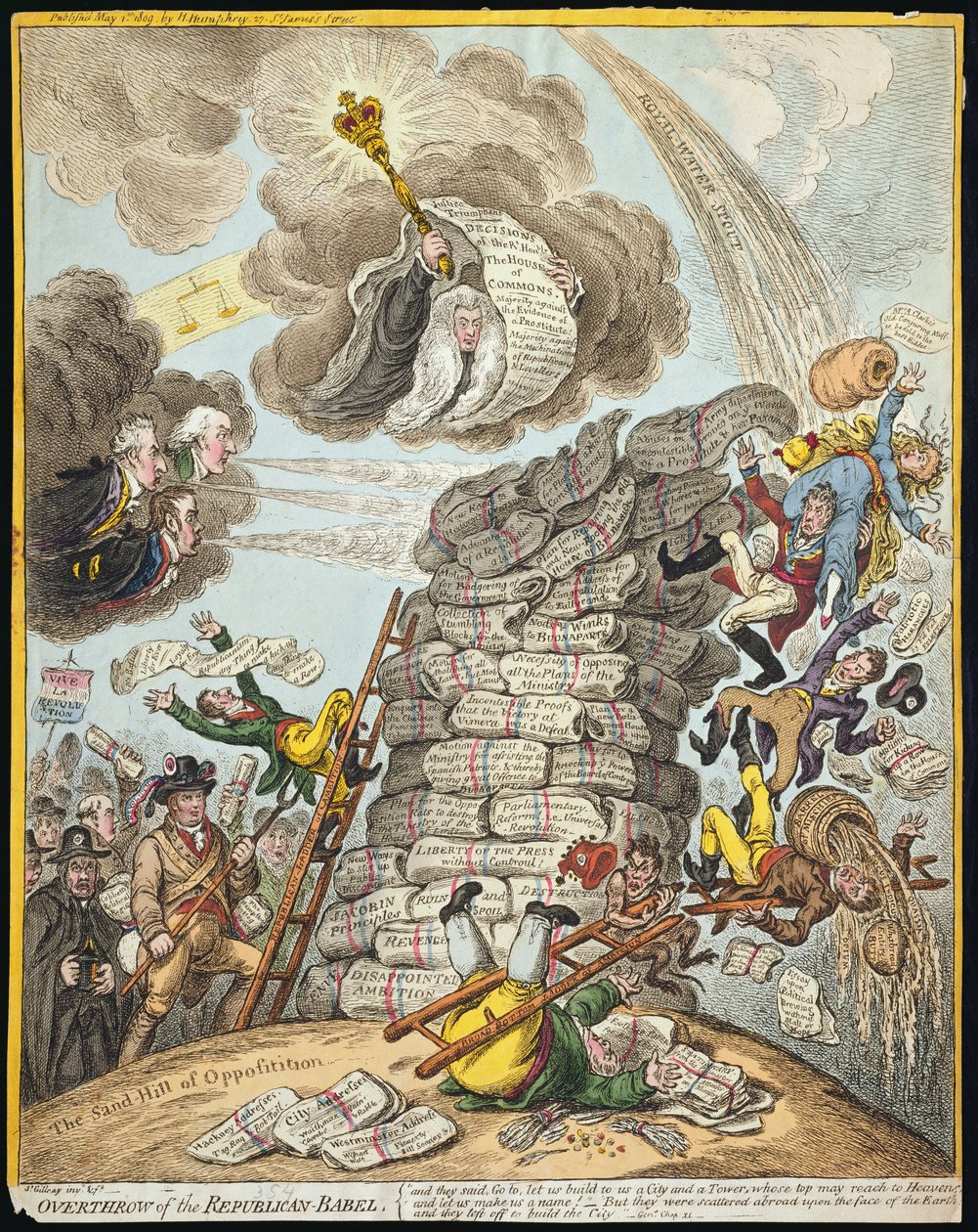 A köztársasági Bábel megdöntése, kiadta Hannah Humphrey 1809-ben (kézi színezett metszet) alkotó: James Gillray