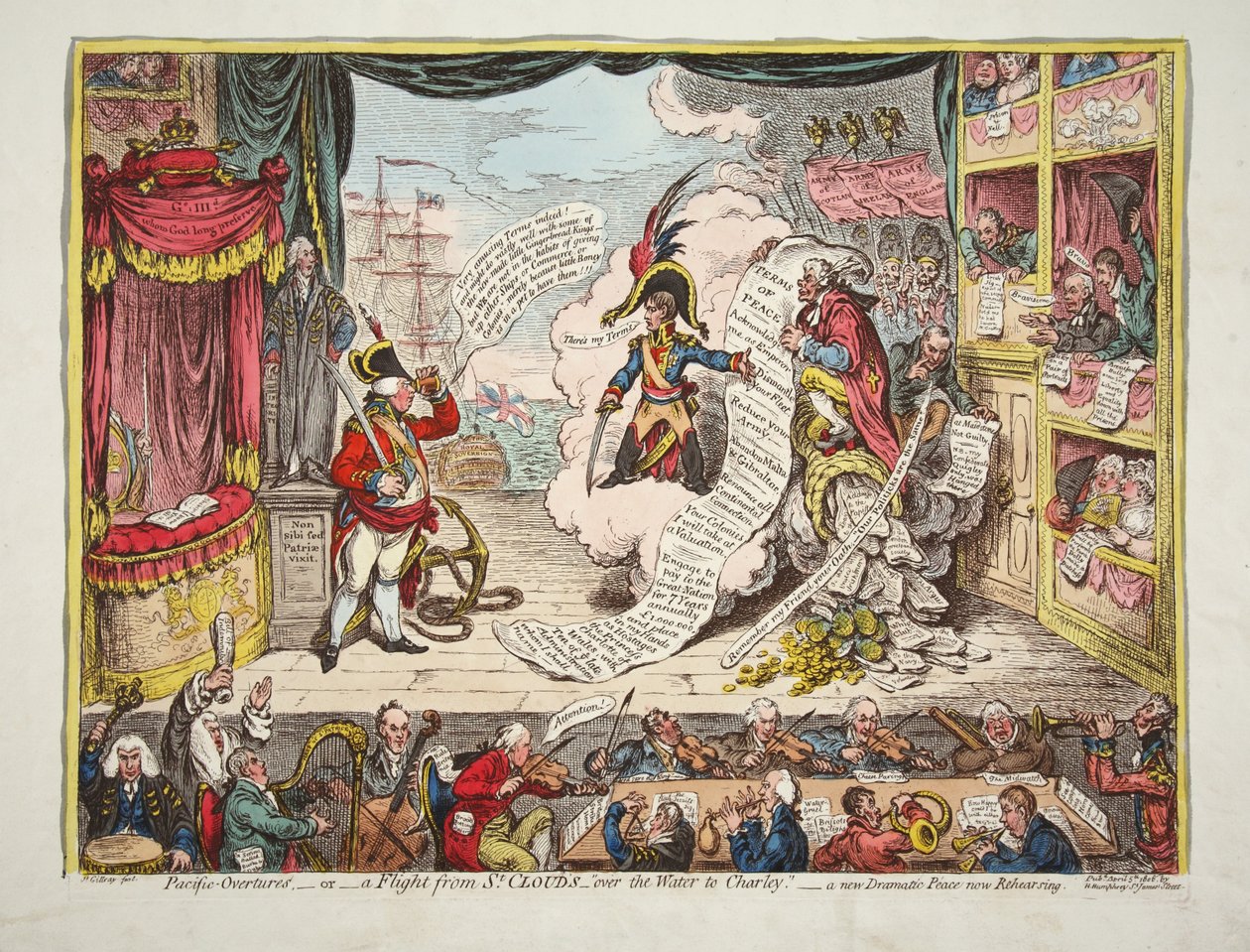 Pacific-Overtures, vagy - Repülés St Cloudsból - a vízen át Charlet-be. - egy új drámai béke most próba, kocsma. 1806 (kézzel színezett metszet) alkotó: James Gillray