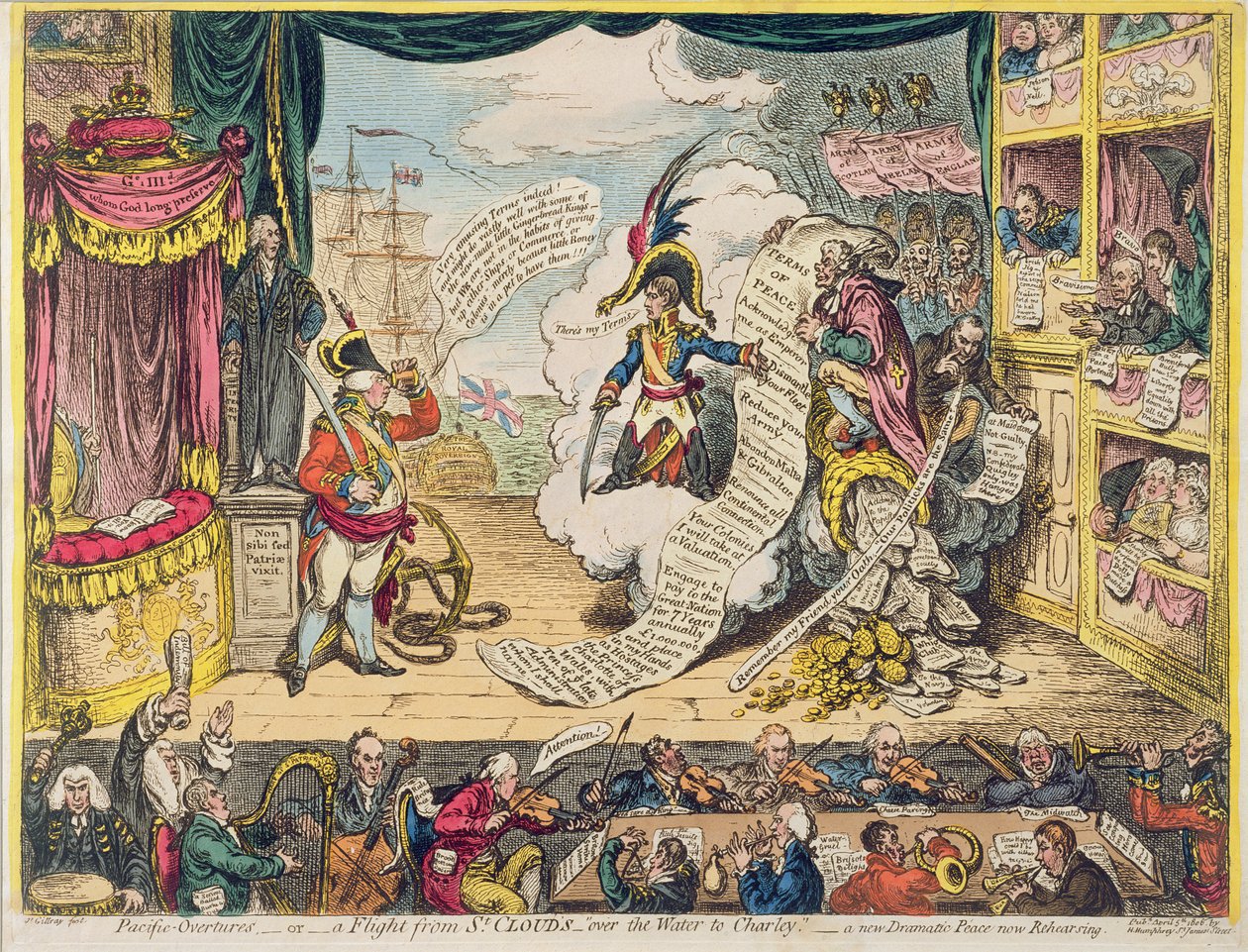Pacific-Overtures, avagy A Flight from St. Clouds „a vízen át Charley-ba” – egy új drámai béke, most próbálják, Hannah Humphrey adta ki 1806-ban (kézzel színezett rézkarc) alkotó: James Gillray