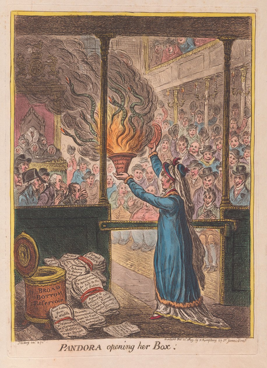 Pandora kinyitja szelencéjét, kocsma. 1809 (kézzel színezett metszet) alkotó: James Gillray