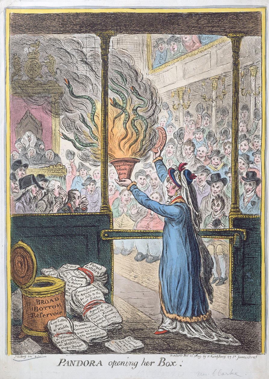 Pandora Opening her Box, kiadó: Hannah Humphrey, 1809 (kézzel színezett rézkarc) alkotó: James Gillray