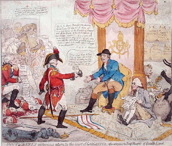 Pantagruel győzelmes visszatérése a gargantuai udvarba, miután kiirtotta a Soup-Meagres of Bouaille Landet, amelyet Hannah Humphrey adott ki 1794-ben (kézzel színezett rézkarc) alkotó: James Gillray