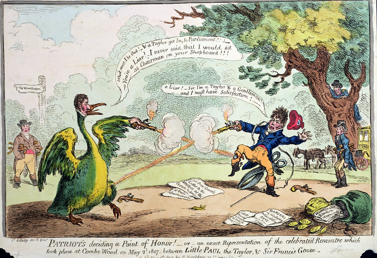 Hazafiak becsületpontról döntenek! vagy A Rencontre pontos ábrázolása, amely 1807. május 2-án Coombe Woodban történt Little Paul, the Taylor és Sir Francis Goose között, Hannah kiadó. alkotó: James Gillray