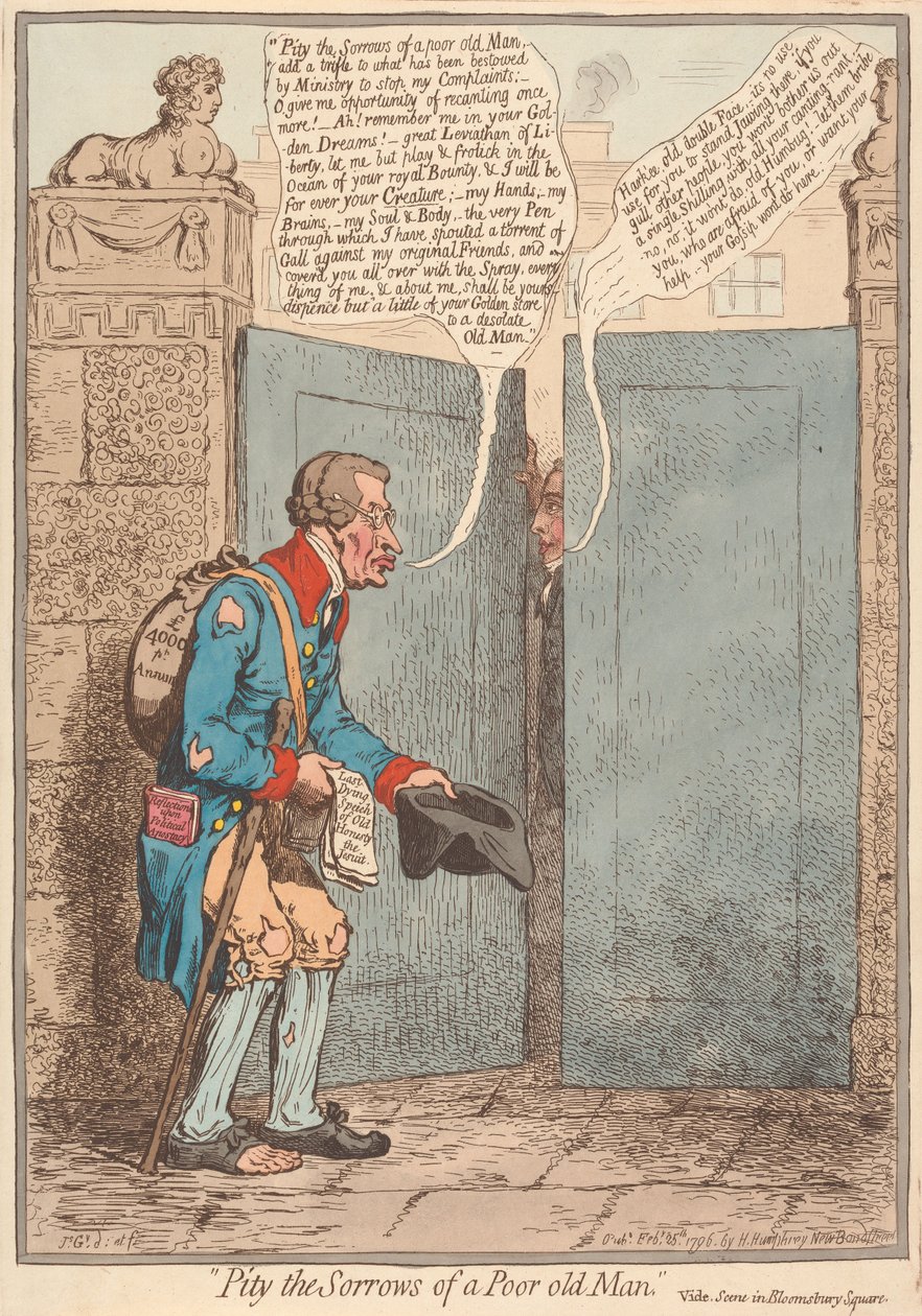 Sajnáljuk egy szegény öregember szenvedéseit – lásd: jelenet a Bloomsbury Square-en alkotó: James Gillray