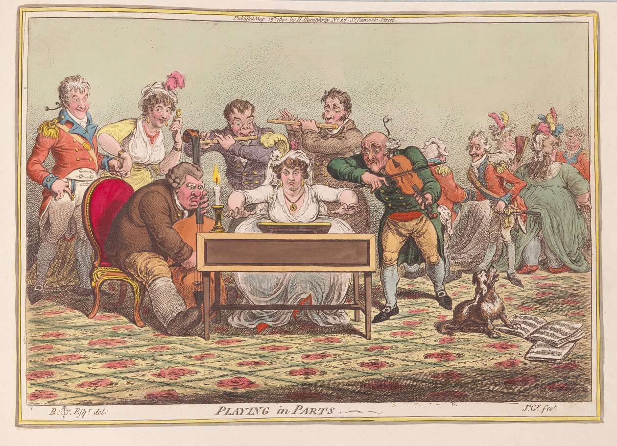 Játszik a Partsban, kocsmában. 1801 (kézzel színezett metszet) alkotó: James Gillray
