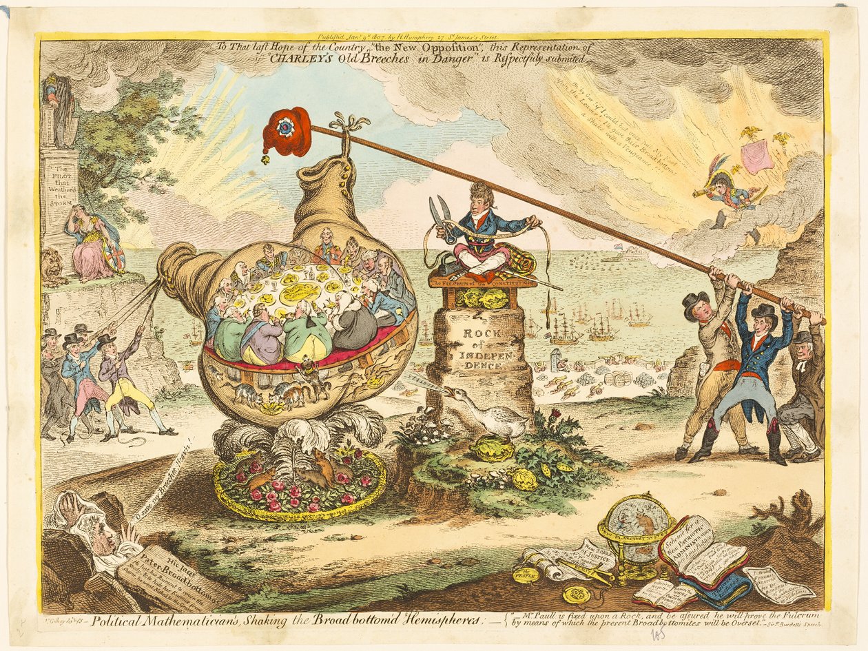 Politikai matematikus, aki megrázza a széles feneketlen féltekéket. alkotó: James Gillray